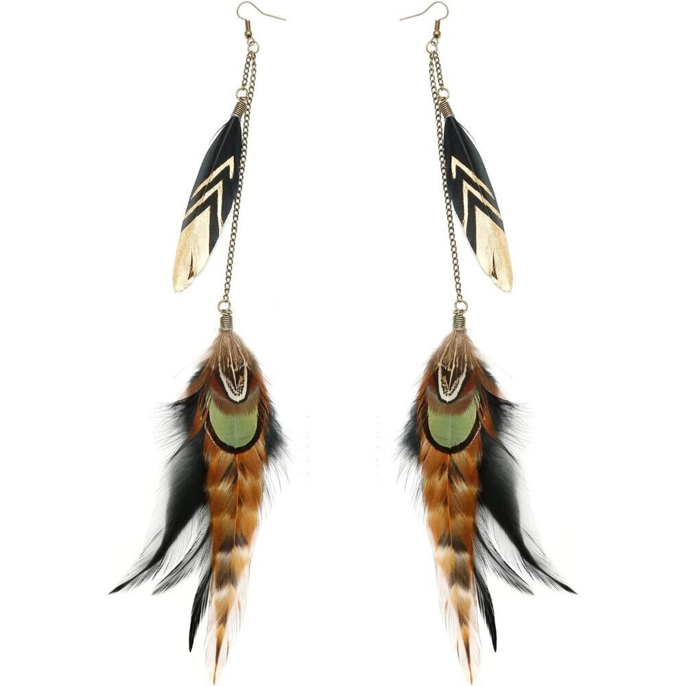 Long Feather Earrings Women Handmade Boho Dangle Multicolor Tassel Jewelry